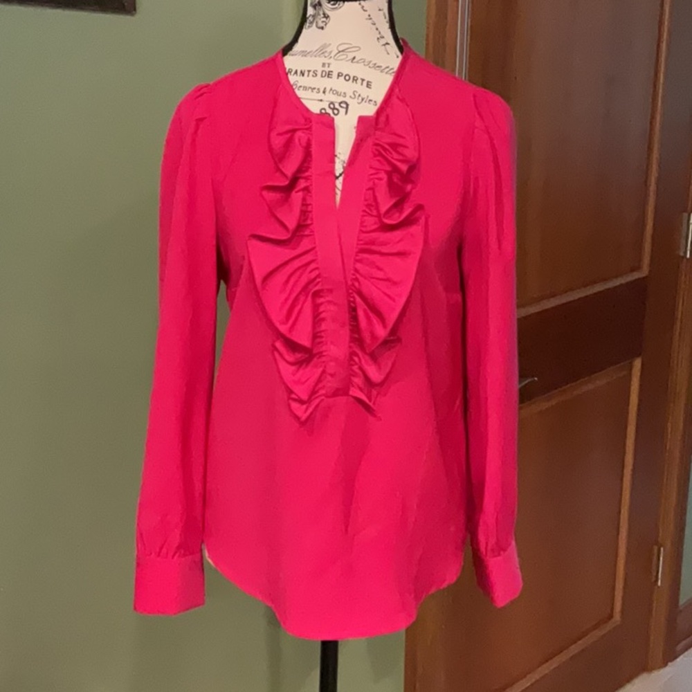 J. Crew Pink Ruffled Long Sleeve Bib Collar Blouse, Size XS